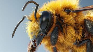 A close-up of a fuzzy bee with its antennae extended and large, dark eyes. photo