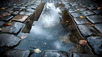 A puddle reflecting a tree and building on a cobblestone street with autumn leaves. photo