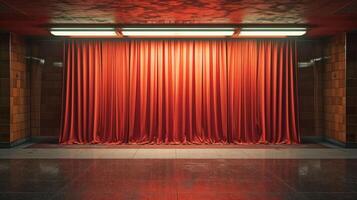 A red curtain hangs in a dark, empty hallway, creating an air of mystery and anticipation. photo