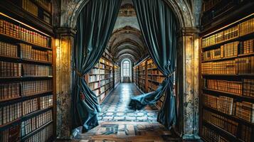 A long, narrow hallway in an old library with bookshelves on both sides, a window at the end, and a blue curtain pulled back. photo
