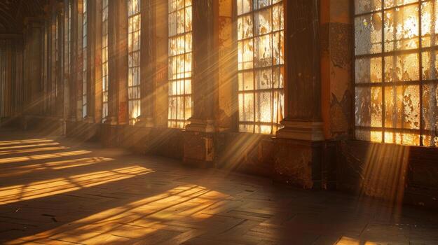 Sunlight streams through large windows in an abandoned building, casting long shadows on the wooden floor. photo