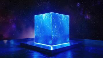 A glowing blue cube on a platform with a starry night sky in the background. photo