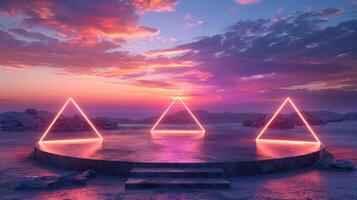 A circular stage with three glowing pink triangle frames set against a dramatic sunset sky. photo
