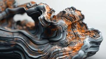 Abstract 3D rendering of a wavy, organic, textured form in gray and orange tones against a white background. photo