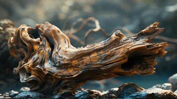 A weathered, gnarled driftwood branch with intricate grain patterns lies in a forest setting. photo