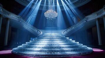 Grand staircase with a crystal chandelier in a palace setting. photo
