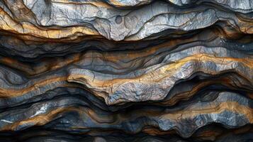 Close-up of a layered rock formation with intricate patterns and textures. photo