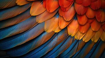 Close-up of vibrant blue, orange, and red feathers, creating a textured pattern. photo
