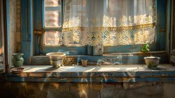 Sunlight streams through a window with lace curtains, illuminating a windowsill with potted plants and ceramic items. photo