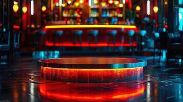 Empty stage in a dimly lit bar with red and blue lighting. photo