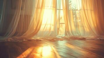 Sunlight streams through sheer curtains and illuminates a wooden floor. photo