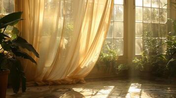 Sunlight streams through sheer curtains and bathes a room with warm light, casting shadows on the floor. The room is filled with plants and has a peaceful ambiance. photo