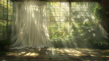 Sunlight streams through a large window in a greenhouse with white curtains. photo