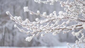 Close-up of a snow-covered branch with a blurred background of a snowy forest. photo