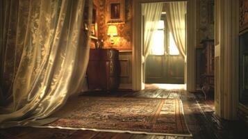 A vintage hallway with patterned curtains, a rug, and a glimpse of sunlight through an open door. photo