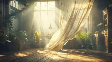 Sunlight streams through a sheer curtain in a rustic interior space, illuminating plants and wooden floors. photo