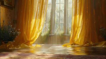 Sunlight streams through sheer yellow curtains in a vintage room, illuminating the wooden floor and casting warm shadows. photo