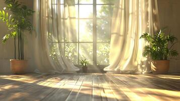 Sunlight streams through sheer curtains in a room with potted plants and wooden floors. photo