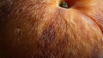 Close-up of peach skin texture with fuzz, showing the intricate details of the fruit's surface. photo