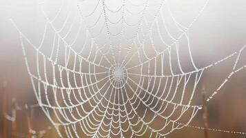 A spiderweb covered in dew drops against a blurry background of fog. photo