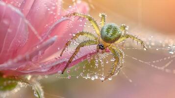 A green spider sits on a pink flower with dew drops on its web. photo