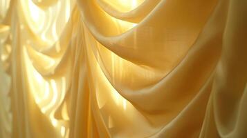 Close-up of golden fabric drapes with sunlight streaming through. photo