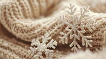 Close-up of sparkling snowflakes on a cozy knit blanket, symbolizing the magic of winter. photo