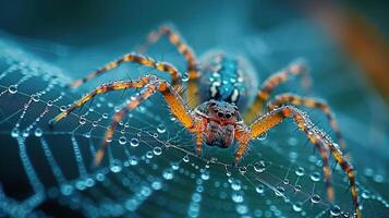 A spider sits on its web, covered in dew drops. photo