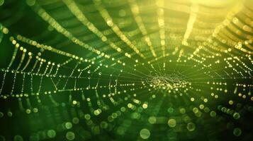 A spiderweb covered in dew drops, with a blurry background of green and yellow, creating a beautiful abstract image. photo