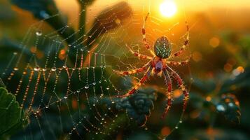 A spider sits in the center of its web with dew drops and the sunset in the background. photo