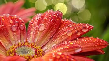 Close-up of a red gerbera daisy with dew drops on the petals. photo