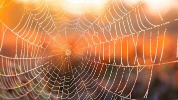 A spiderweb covered in morning dew, with a blurred background of a vibrant sunrise. photo
