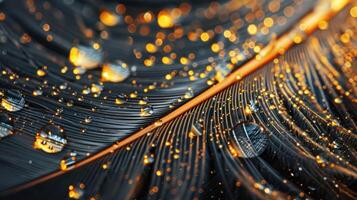 A close-up of a black feather with water droplets on it, illuminated by a warm, golden light. photo