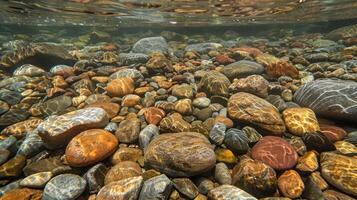 Underwater view of a riverbed with smooth, colorful rocks. photo
