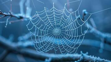 A spider web with dew drops on it, hanging between two branches. photo