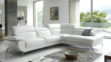 Modern white leather sectional sofa in a spacious living room with large windows and a view of a pool and trees. photo