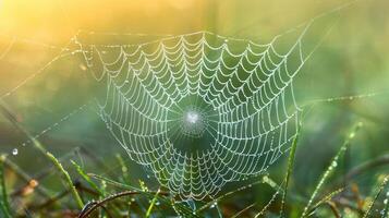 A spider web covered in dew drops in a field of grass. photo