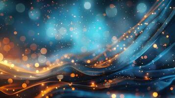 Abstract background with blue and orange glowing waves and bokeh lights. photo