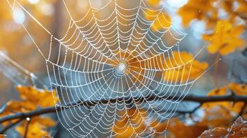 Dew-covered spiderweb with a blurred background of autumn leaves. photo
