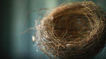 An empty bird nest made of twigs, isolated on a blue background. photo