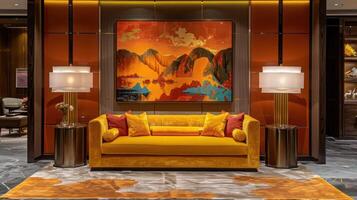 A yellow sofa with red pillows sits in front of an abstract painting and a patterned rug in a modern living room. photo