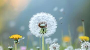 A single dandelion seed head with white fluffy seeds blowing in the wind against a blurred background of other dandelions. photo