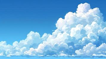 A bright blue sky with fluffy white clouds filling the upper right corner of the image. photo