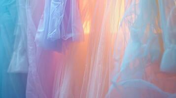 Soft, sheer fabric draped in pastel hues, creating a delicate and ethereal background. photo