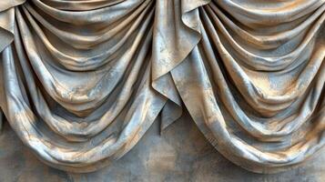 A close-up of two golden fabric drapes with a distressed look. photo