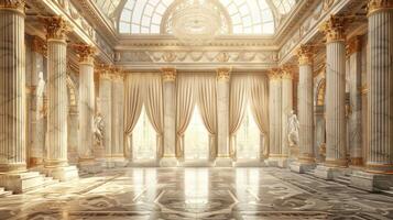 Sunbeams illuminate a grand, ornate hall with marble columns, statues, and a glass dome ceiling. photo