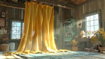 Sunlight streams through yellow curtains in a rustic cabin, illuminating the wooden floor and furniture. photo