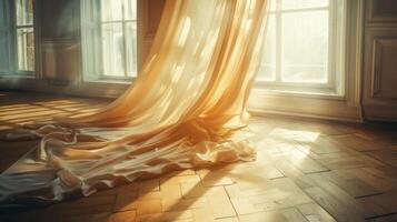 Sunlight streams through a window, illuminating a flowing fabric curtain and casting dramatic shadows on the wooden floor. photo