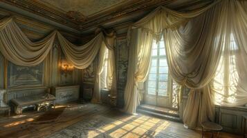 Sunbeams illuminate a luxurious room with ornate walls, draped curtains, and a plush bench. photo