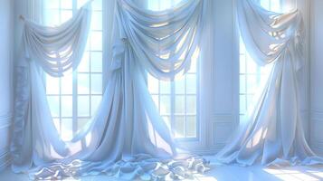 White curtains draped over large windows in a white room. photo